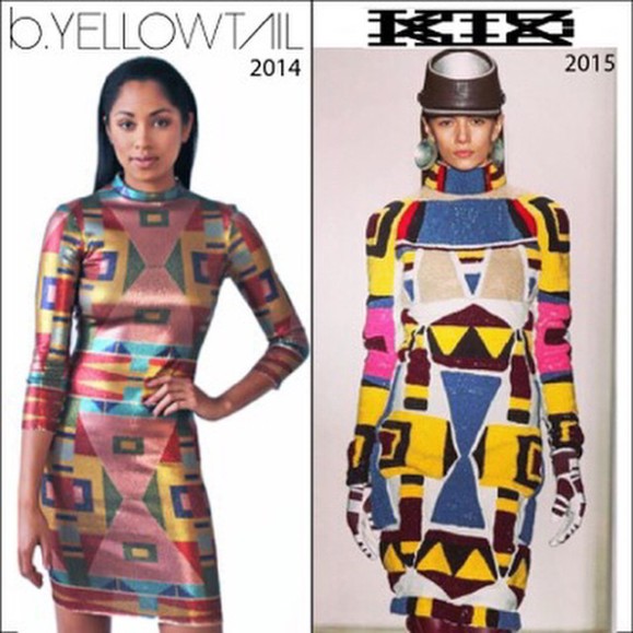 Looks Familiar?Bethany Yellowtail’s design from her Crow Pop Collection (left) and KTZ design (right) (Image courtesy of Native Appropriation)